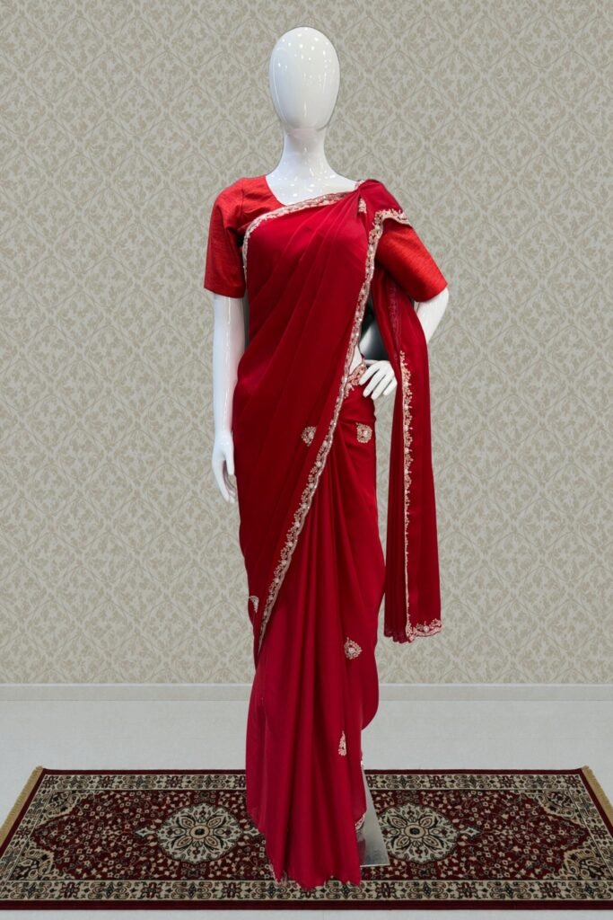 Red Satin Saree Featuring Exquisite Bead, Zardozi And Sequins by Seasons Chennai, South Asian ethnic wear