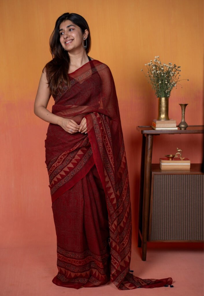 Red Tribal Ajrkah Hand Block Print Kota Doria Cotton Saree by The Indian Ethnic Co., South Asian ethnic wear