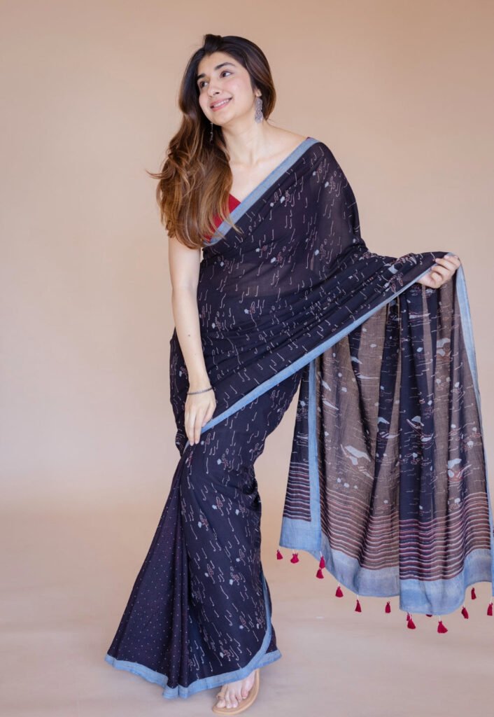 Black Boat Ajrakh Hand Block Print Mul Saree by The Indian Ethnic Co., South Asian ethnic wear