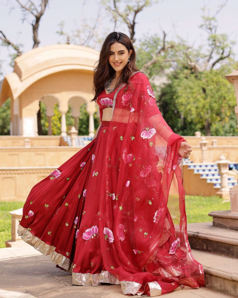 Gulsheen Handpainted Satin Lehenga Set by Aachho, South Asian ethnic wear