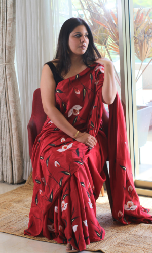Princess Scarlett Muslin Silk Handbrush Painted Saree by Baareeki, South Asian ethnic wear
