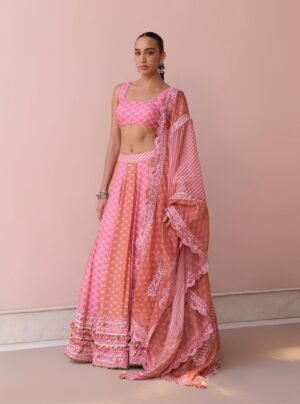 Indira Rani Pink Printed Lawn Lehenga Set by Mulmul, South Asian ethnic wear
