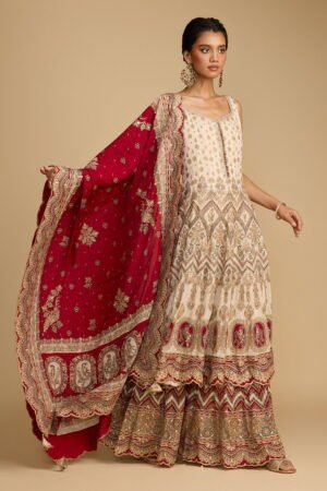 Ivory And Red Block And Printed Tiered C...