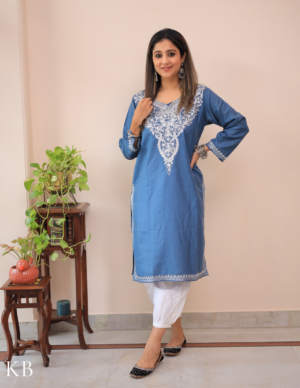 Light Blue Zari Embroidered Cotton Kurti For Women | Kashmiri Ethnic Wear by Kashmir Box, South Asian ethnic wear