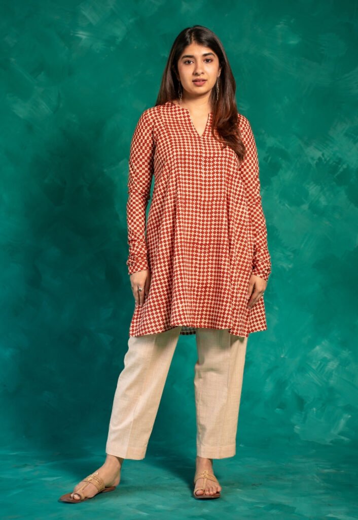 Netra Red Bagru Cotton A Line Short Top by The Indian Ethnic Co., South Asian ethnic wear