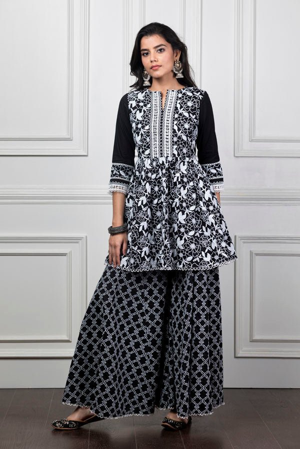 Magnolia Black Kurta With Sharara Set by Mulmul, South Asian ethnic wear