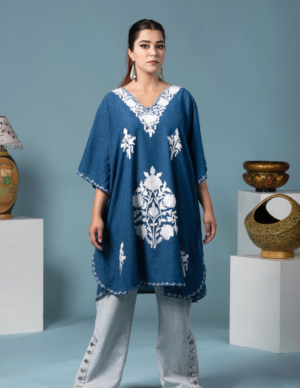 Classic Blue Cotton Aari Embroidered Short Summer Kaftan by Kashmir Box, South Asian ethnic wear