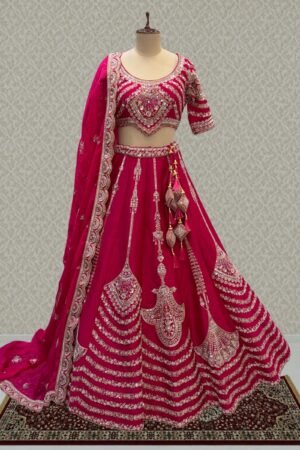 Rani Pink Zari, Sequins, Beads And Zardozi Work Crop Top Designer Bridal Lehenga With Belt by Seasons Chennai, South Asian ethnic wear