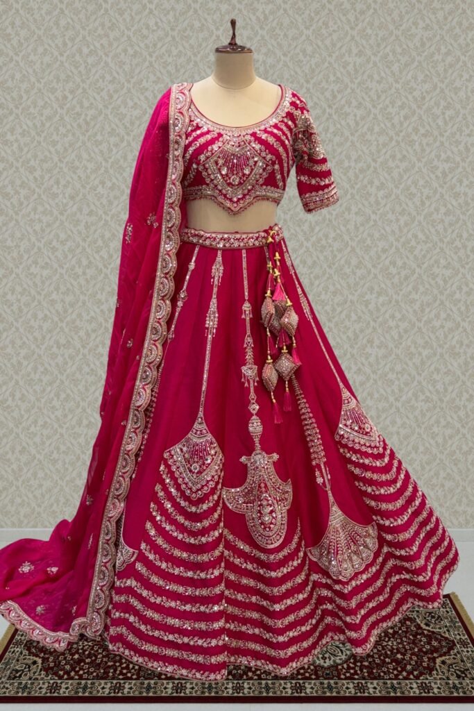 Rani Pink Zari, Sequins, Beads And Zardozi Work Crop Top Designer Bridal Lehenga With Belt by Seasons Chennai, South Asian ethnic wear