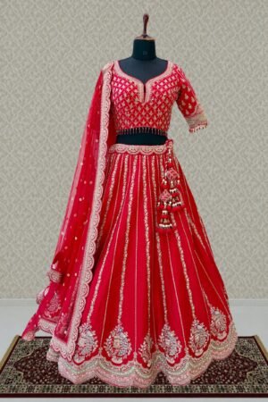 Red Zardozi, Sequins, Beads, Pearl, Thread And Zari Work Crop Top Designer Bridal Lehenga by Seasons Chennai, South Asian ethnic wear