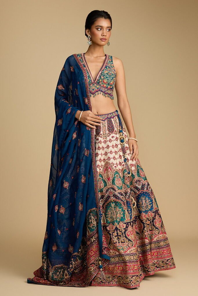Cream Ivory Multi Coloured Patchwork Leh… by Seasons India, South Asian ethnic wear