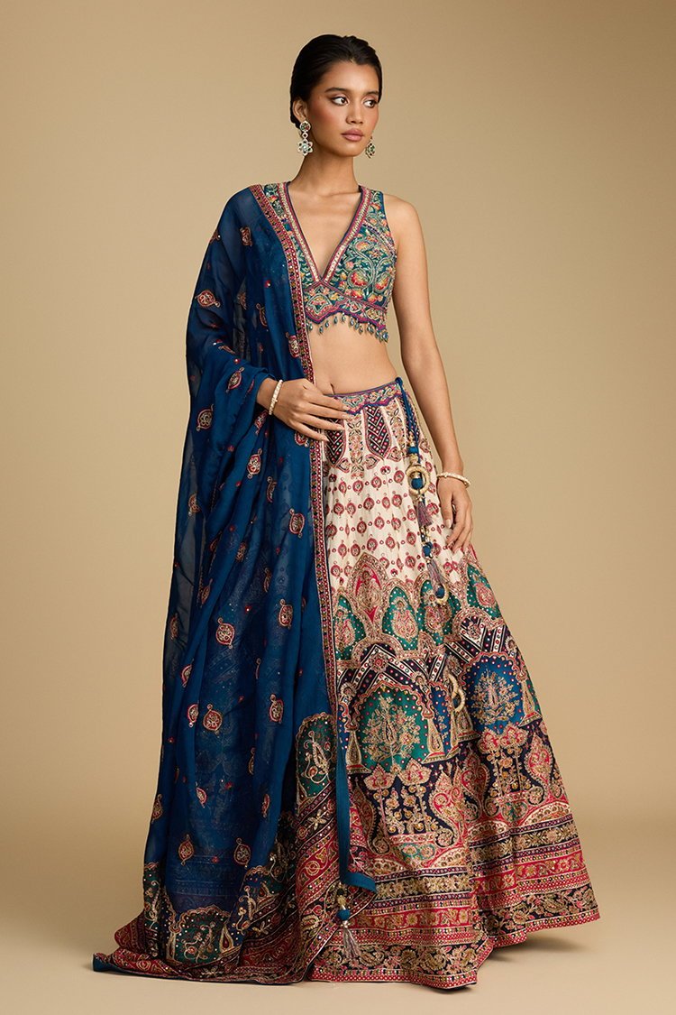 Cream Ivory Multi Coloured Patchwork Leh… by Seasons India, South Asian ethnic wear
