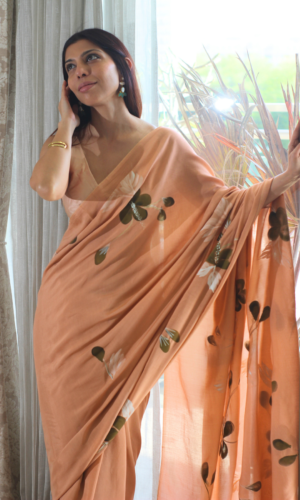 Princess Aurora Muslin Silk Hand Brush Painted Saree by Baareeki, South Asian ethnic wear