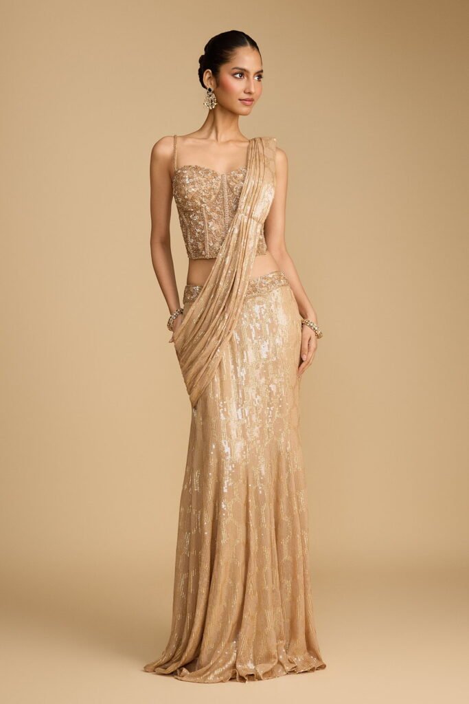 Light Gold Sequin Cocktail Pre Stitched … by Seasons India, South Asian ethnic wear