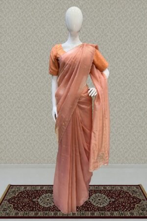 Peach Shimmer Tissue Saree With Scalloped Zari Border by Seasons Chennai, South Asian ethnic wear