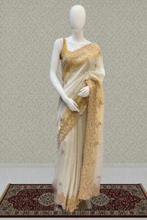 Cream Beads And Zari Work Saree by Seasons Chennai, South Asian ethnic wear