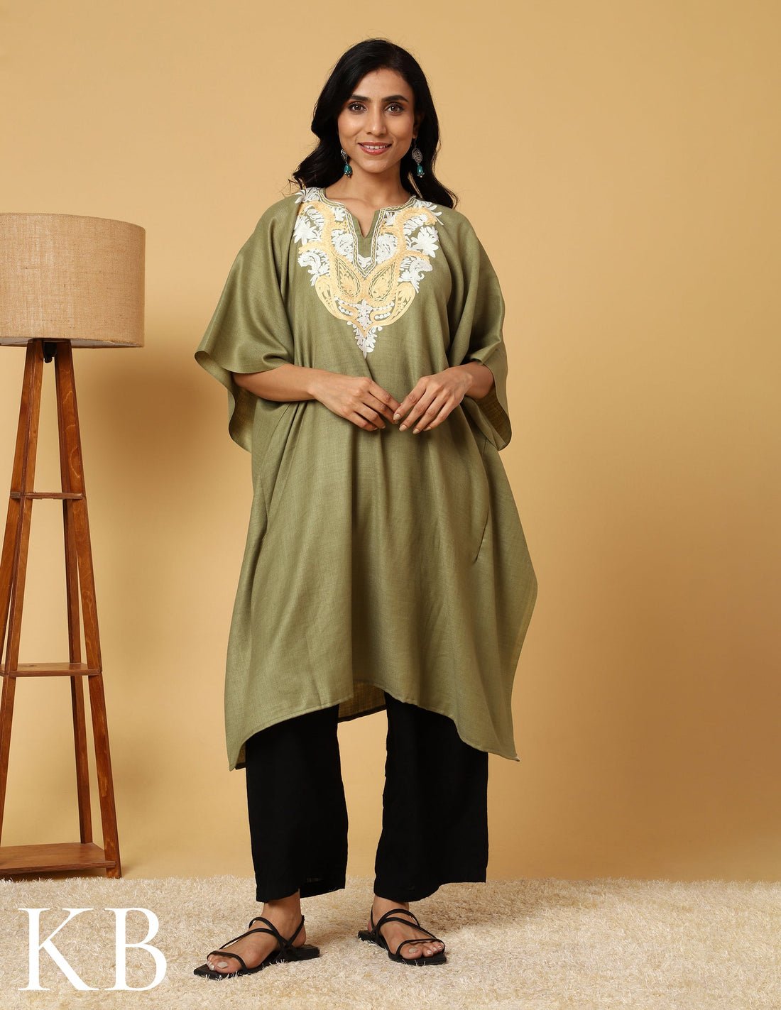 Moss Green Aari Embroidered Woolen Kaftan