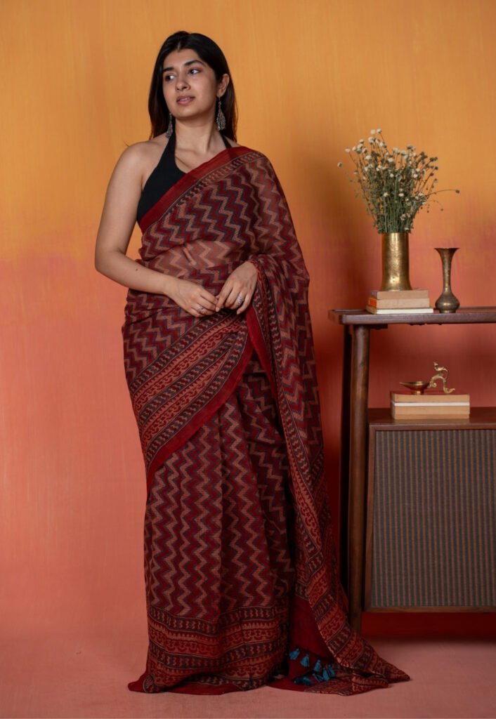 Red Chevron Ajrakh Hand Block Print Kota Doria Cotton Saree by The Indian Ethnic Co., South Asian ethnic wear