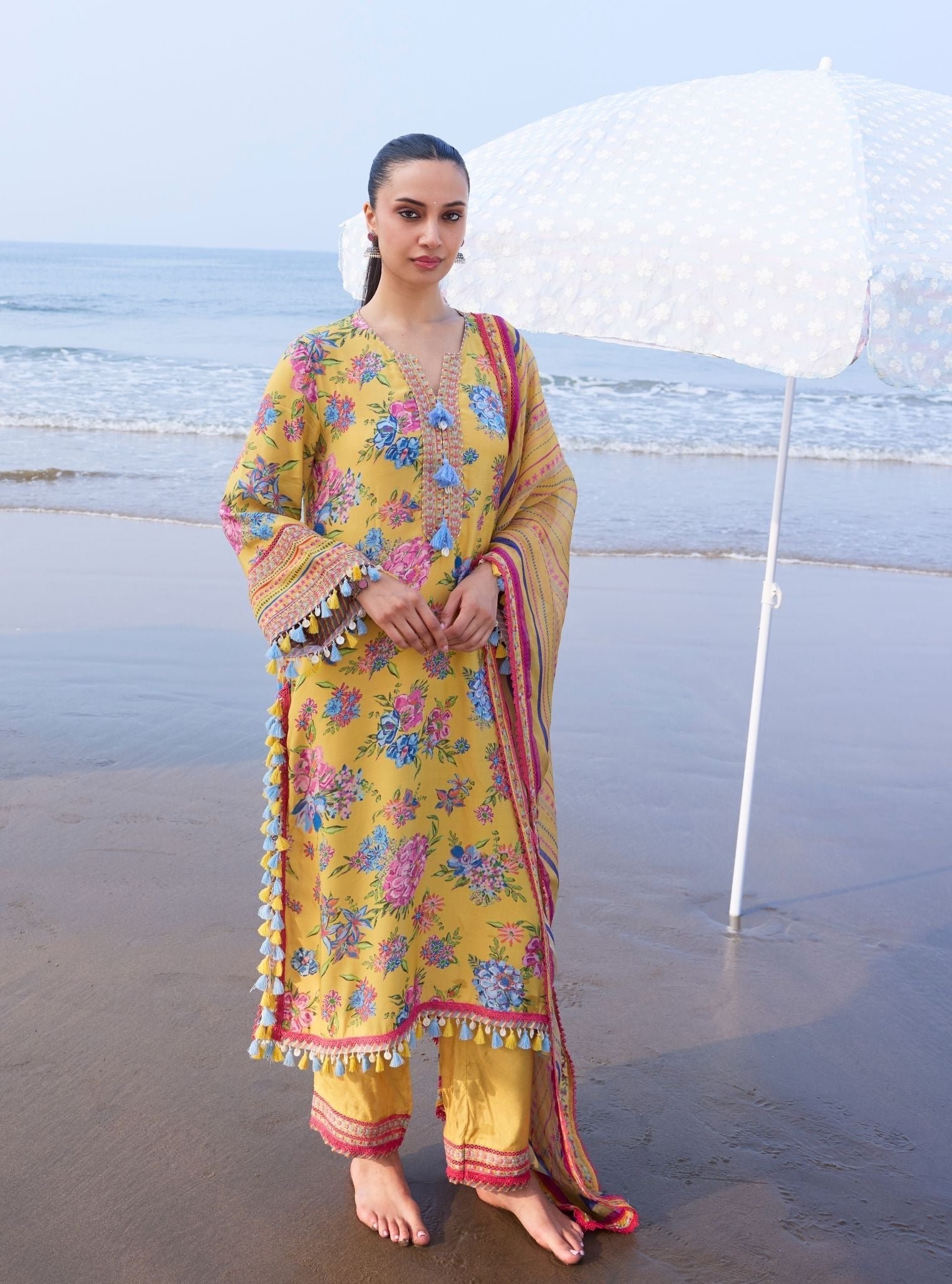 Savaan Lawn Yellow Kurta Set by Mulmul, South Asian ethnic wear