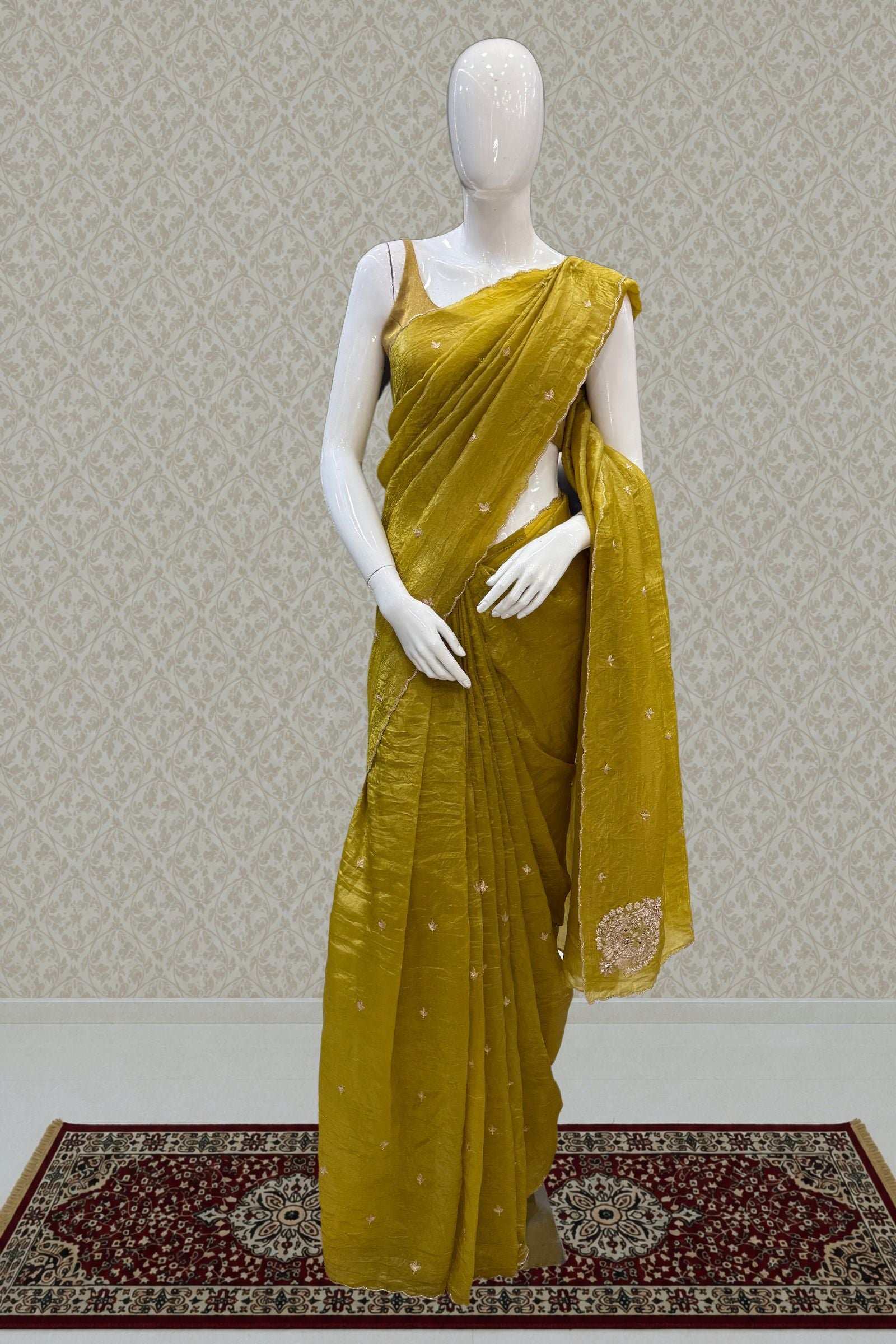 Liril Green Shimmer Tissue Saree With Scalloped Zari Border by Seasons Chennai, South Asian ethnic wear