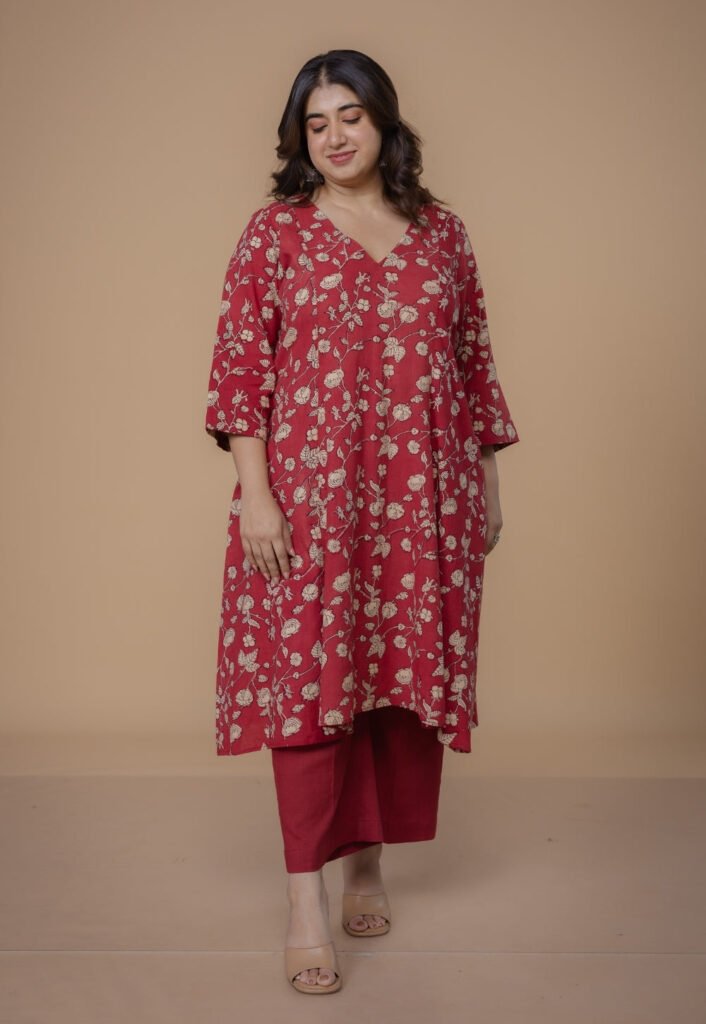 Smriti Red Dabu Slub Cotton Kali Kurta by The Indian Ethnic Co., South Asian ethnic wear