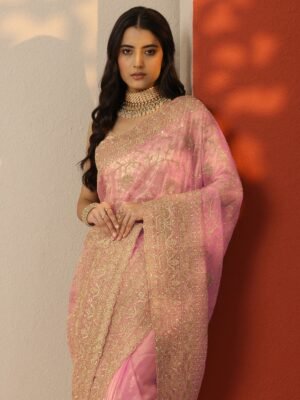 Peach Embroidered Nylon Saree With Unst...