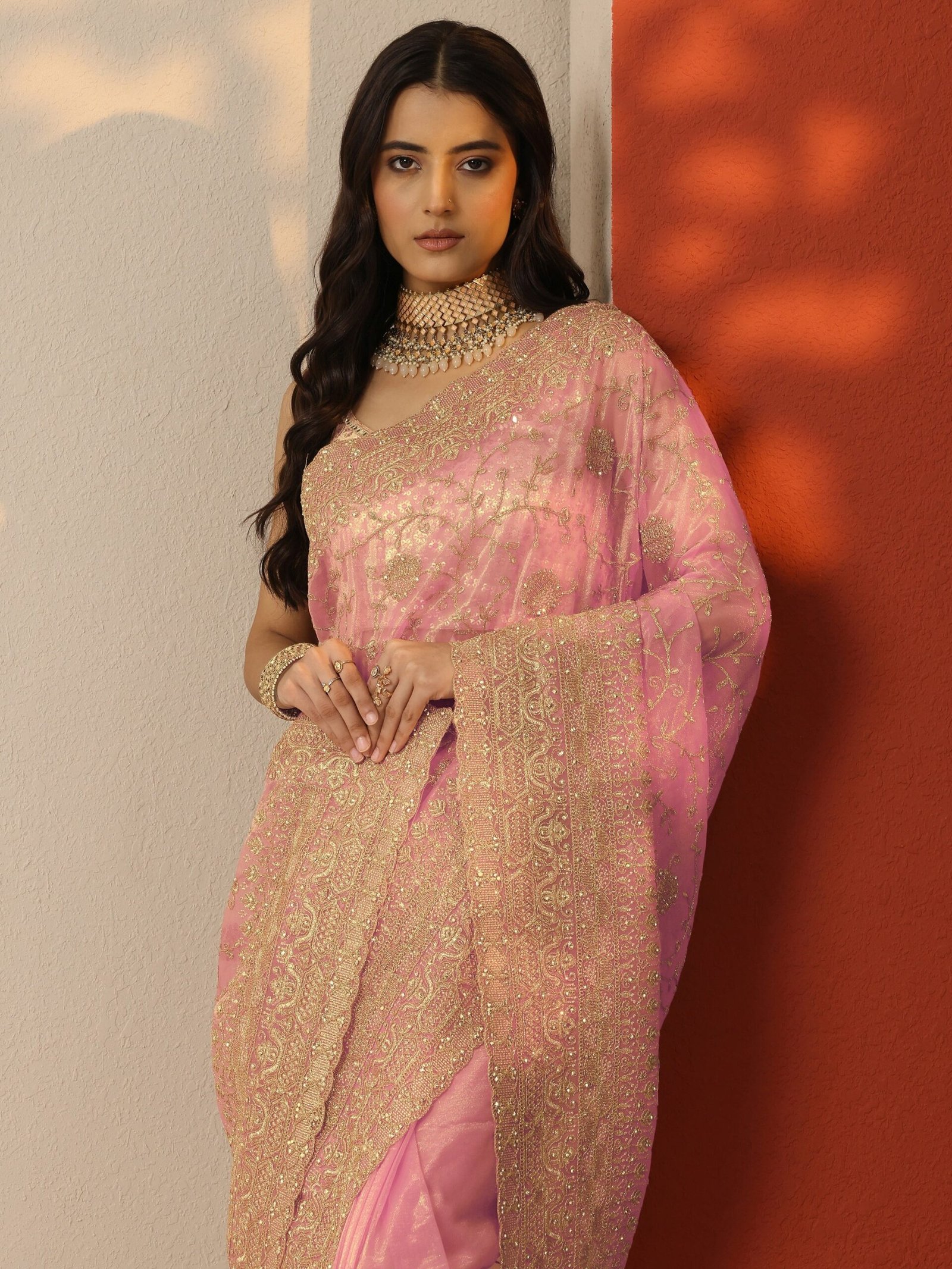 Peach Embroidered Nylon Saree With Unst...