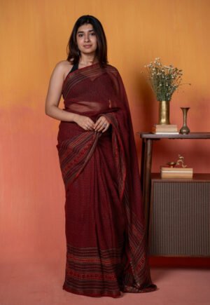 Red Geometric Ajrakh Hand Block Print Kota Doria Saree by The Indian Ethnic Co., South Asian ethnic wear