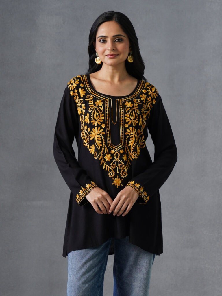 Women’s Black Kashmiri Aari Embroidered Yellow Floral Short Kurti – Casual  Office Wear by Kashmir Box, South Asian ethnic wear