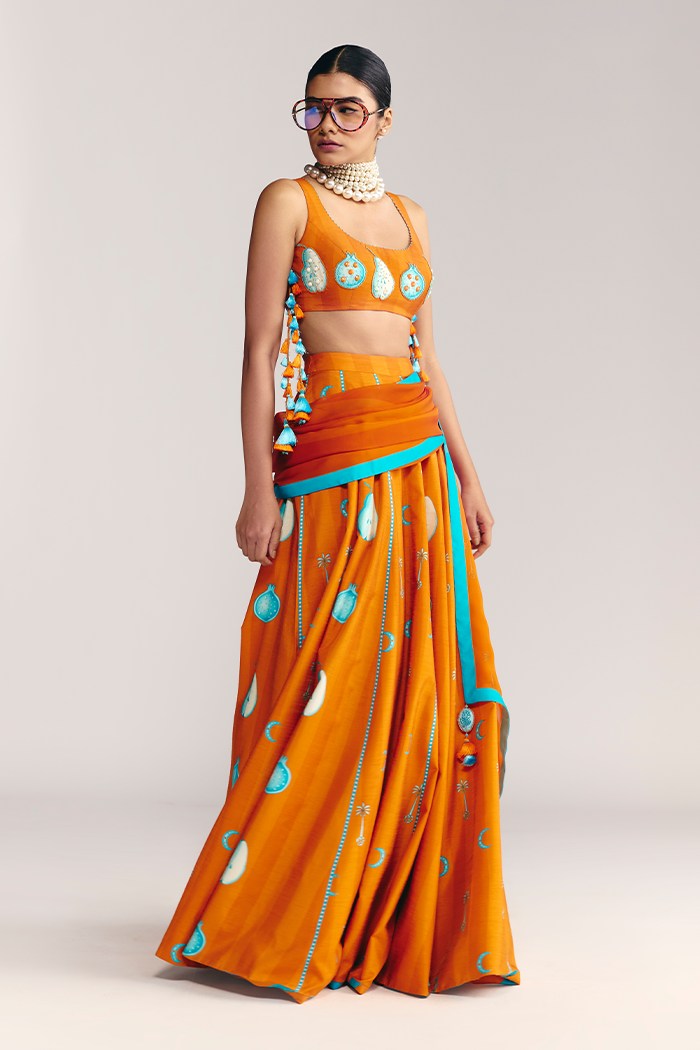 Saffron Sky Striped Lehenga Set by Masaba, South Asian ethnic wear