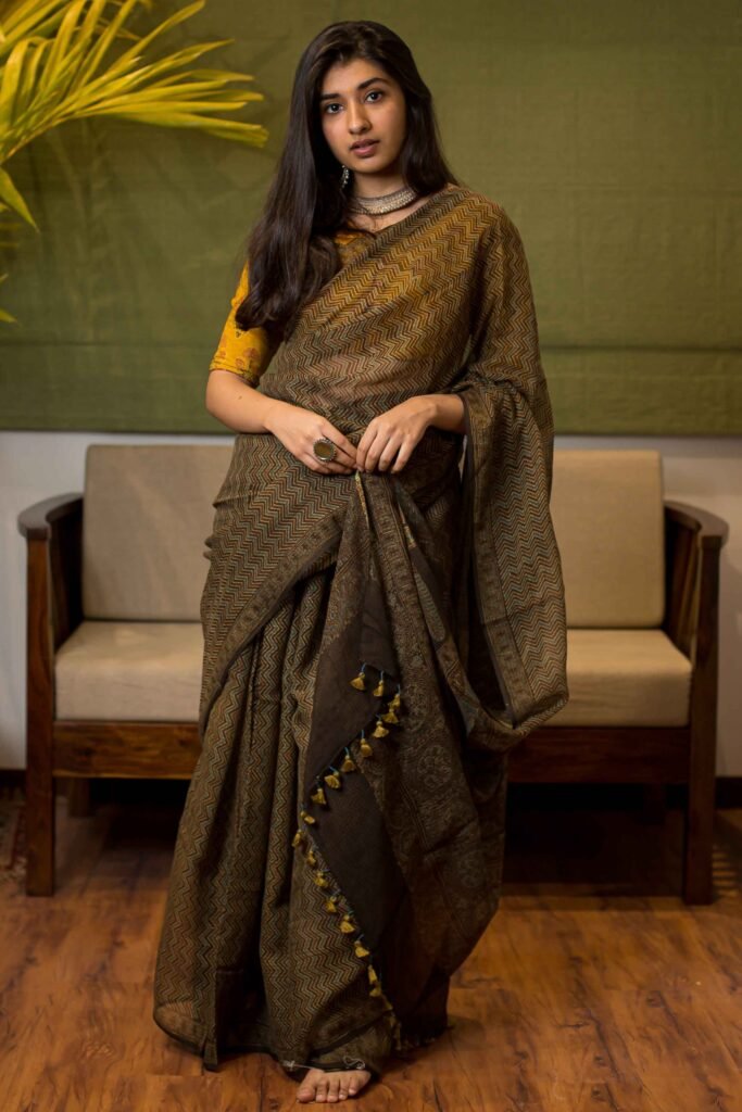 Ajrakh Natural Dyed Kota Doria Saree by The Indian Ethnic Co., South Asian ethnic wear