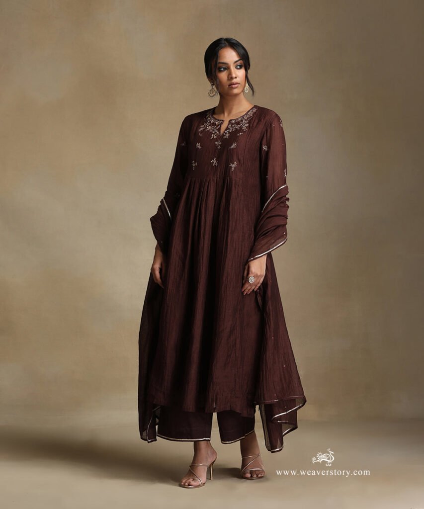 Brown Hand Embroidered Notched Neck Front Gathered Pure Chanderi Kurta With Pants And Dupatta by WeaverStory, South Asian ethnic wear