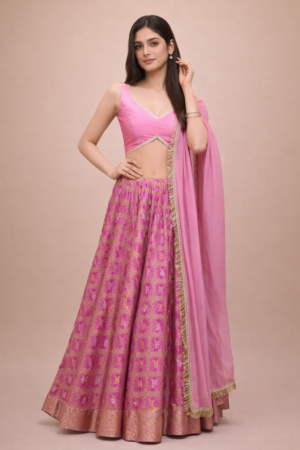 Women'S Pink Silk Bandhani Lehenga Set