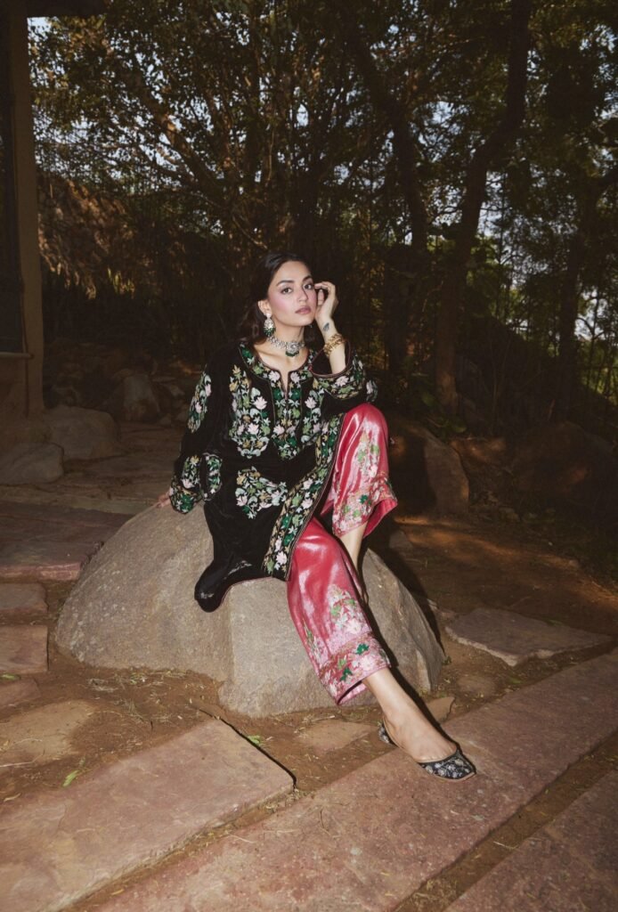 Black Velvet Aari Tilla Embroidered Short Pheran Set With Rose Tissue Pants & Black Velvet Embroidered Dupatta by Koshur India, South Asian ethnic wear