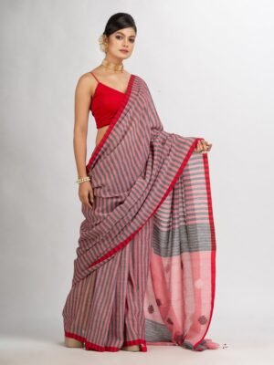 Women'S Red And Black Stipe Handwoven Cotton Jamdani Handloom Saree