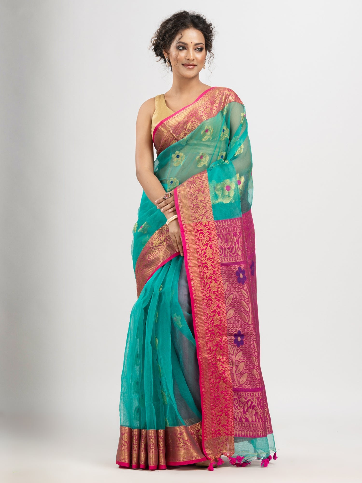Women'S Turquoise Art Silk All Body Flower Motives Banarasi Saree