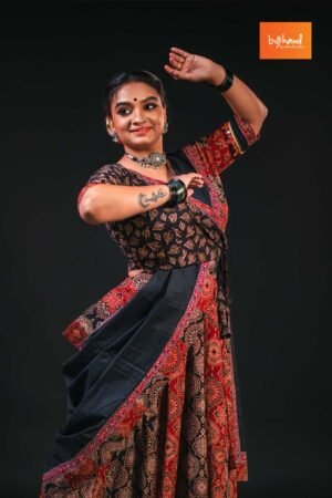 Red & Black Angrakha Ajrakh Blouse,skirt & Dupatta