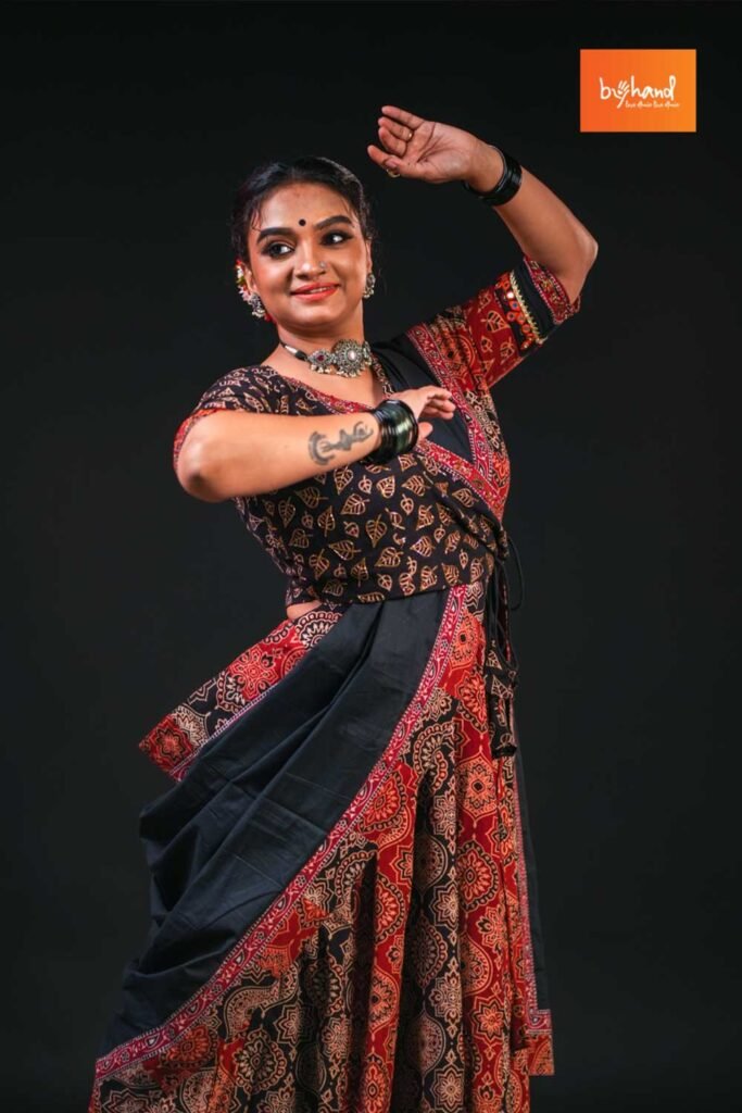 Red & Black Angrakha Ajrakh Blouse,skirt & Dupatta by byhand, South Asian ethnic wear