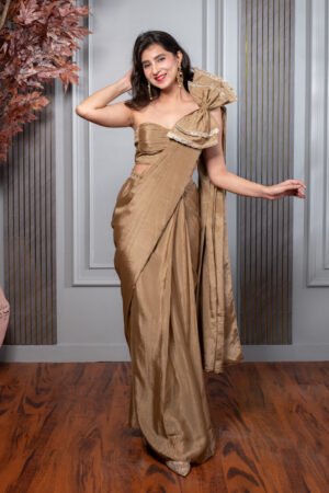 Golden Ready To Wear Saree With Bow by Label Shaurya Sanadhya, South Asian ethnic wear