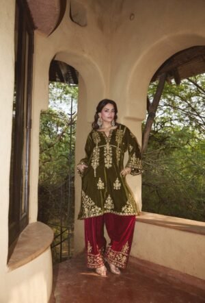 Mehendi Green Aari Tilla Short Pheran Set With Red Velvet Farshi Salwar & Embroidered Velvet Dupatta by Koshur India, South Asian ethnic wear