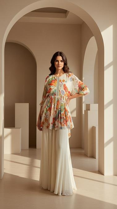 Ivory Pleat Embroidered Sharara Set by Mokshaa, South Asian ethnic wear