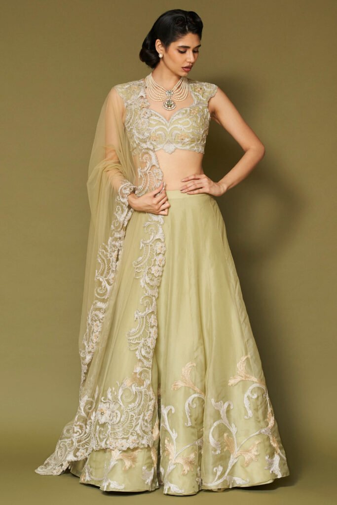Pistachio Embroidered Silk Organza Lehenga Set by Devnaagri, South Asian ethnic wear