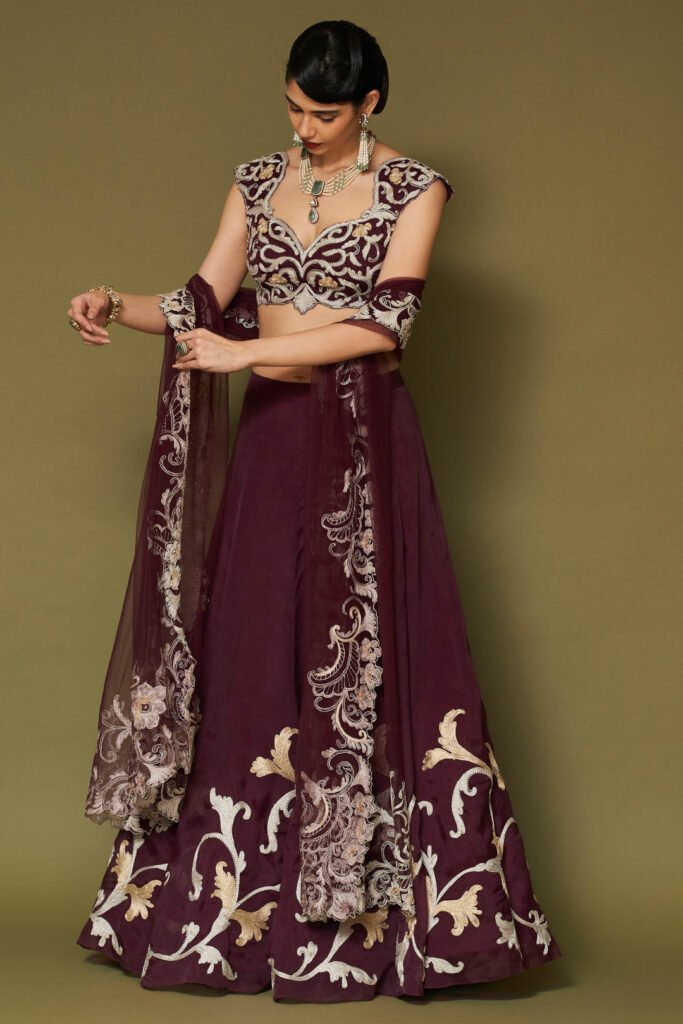 Wine Embroidered Silk Organza Lehenga Set by Devnaagri, South Asian ethnic wear