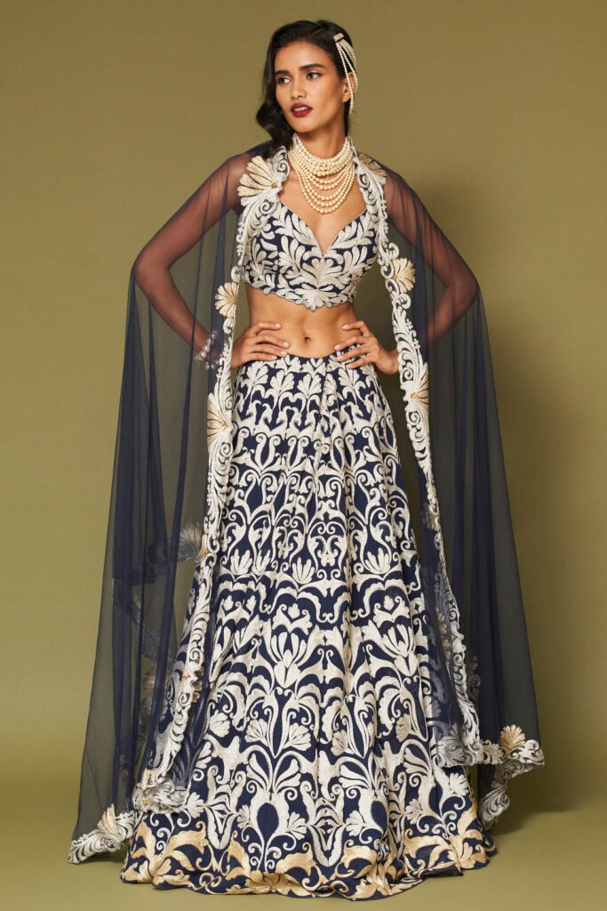 Midnight Navy Embroidered Georgette Lehenga Set by Devnaagri, South Asian ethnic wear