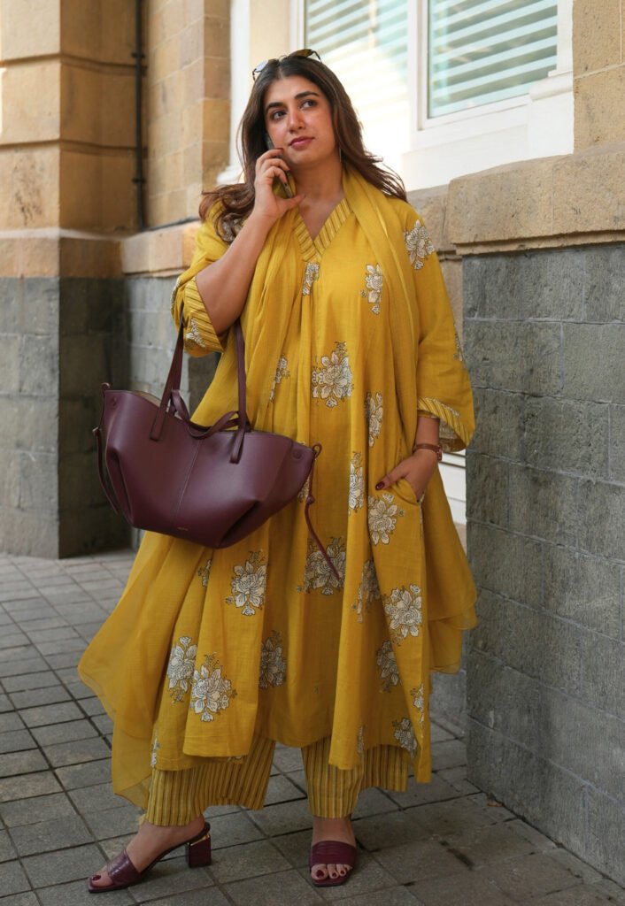 Sakhi Yellow Dabu Slub Cotton Kali Kurta by The Indian Ethnic Co., South Asian ethnic wear