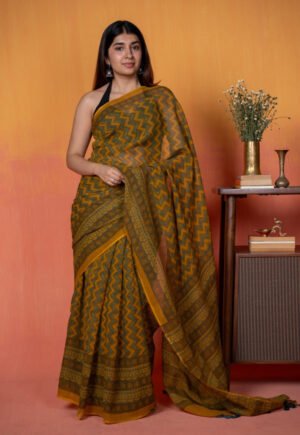 Yellow Zigzag Ajrakh Hand Block Print Kota Doria Cotton Saree by The Indian Ethnic Co., South Asian ethnic wear