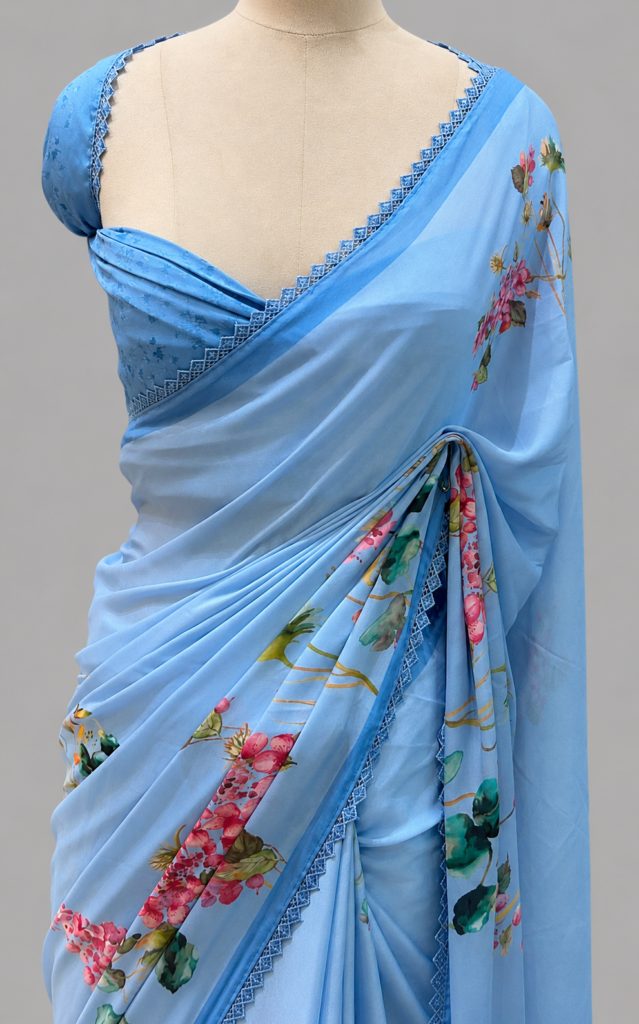 Crepe Georgette Floral Print & Lace Border Saree For Festive Wear by Varam Fashion House, South Asian ethnic wear
