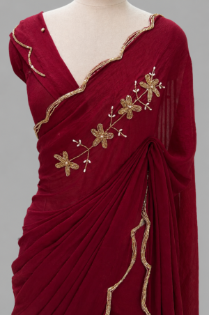 Crush Chiffon Saree With Beaded Floral Vine & Scallop Border by Varam Fashion House, South Asian ethnic wear