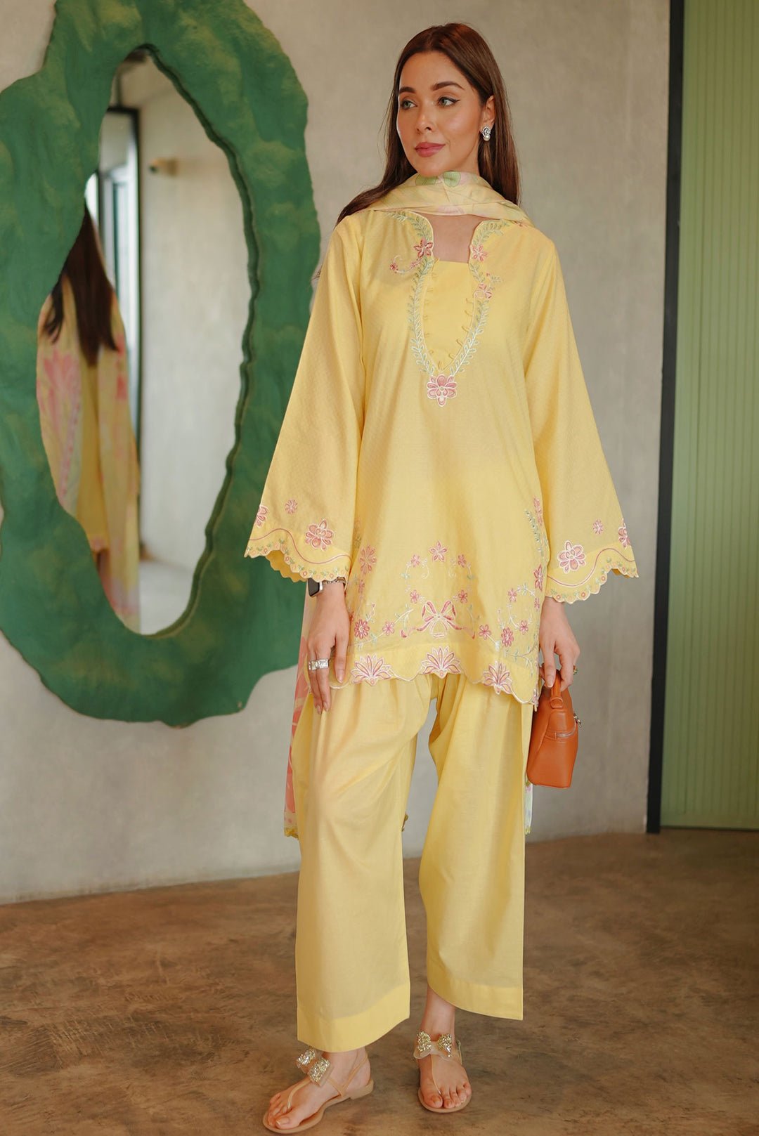 Ss26dc-2589 - Yellow - Cotton Jacquard - 2pcs - Embroidered Kurta With Trouser