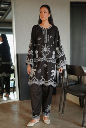 Ss26dc-2590 - Black - Cotton Jacquard - 2pcs - Embroidered Kurta With Trouser